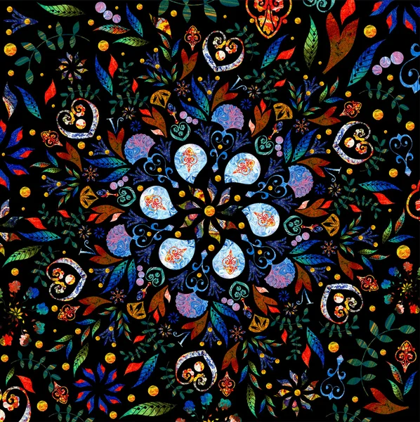 Yağlı boya ile parlak arka plan resmi. Renkli mozaik. Çiçek desenli süsleme. Yağlı boya. Desen çiçekler, yağlı boya ile boyanmış. Çiçek desen süsleme, Mozaik. Desen mükemmel siyah.
