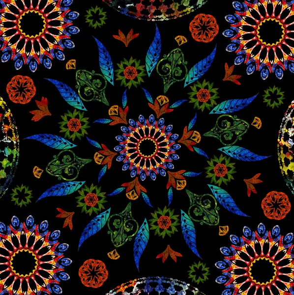 Quadro de fundo brilhante com pinturas a óleo. Mosaico colorido. Romã Mandala em preto perfeito — Fotografia de Stock