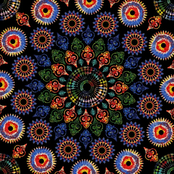 Bright background picture with oil paints. Colorful mosaic. Floral pattern ornament. Oil paint. Pattern flowers, painted with oil paints. Flower pattern ornament, mosaic. Mandala on perfect black. — Φωτογραφία Αρχείου