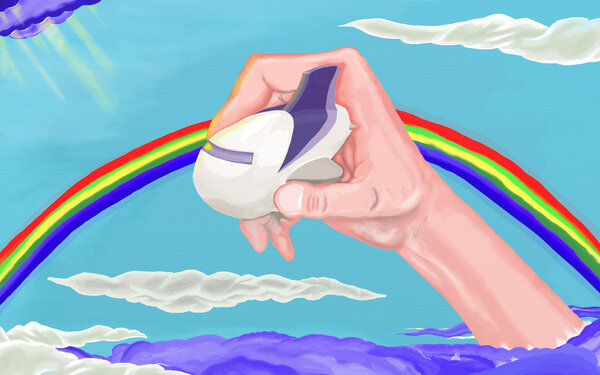 oil painting hand plane and a rainbow with clouds on the clear sky