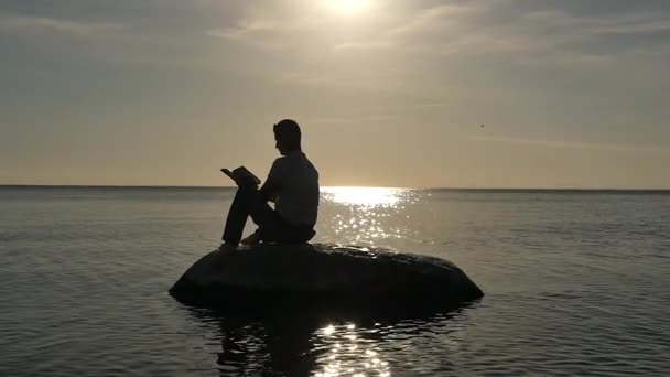 Человек читает книгу на острове с видом на море заката замедленного движения гладко следовать фокус — стоковое видео