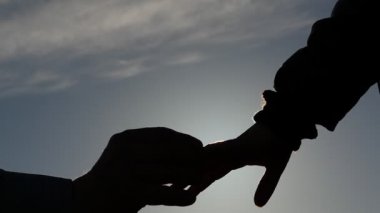 Adam el bir yüzük kadın parmağını yavaş hareket üzerinde titreşen güneş ile koyarak silüeti