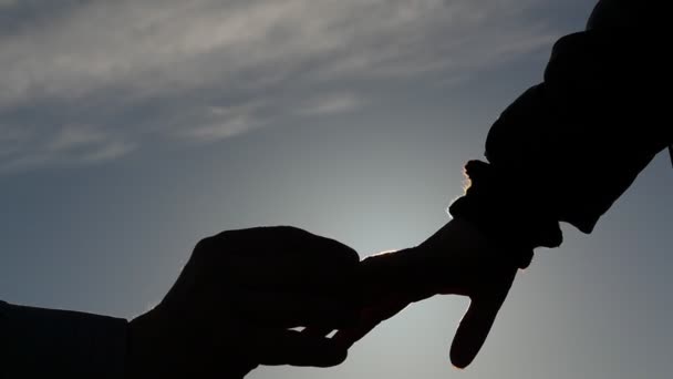 Silhouette de la main de l'homme mettant une bague sur le doigt de la femme au ralenti avec scintillement du soleil — Video