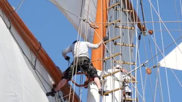 Matelot en uniforme moderne portant un panneau d'approbation sur un mât de voilier — Video