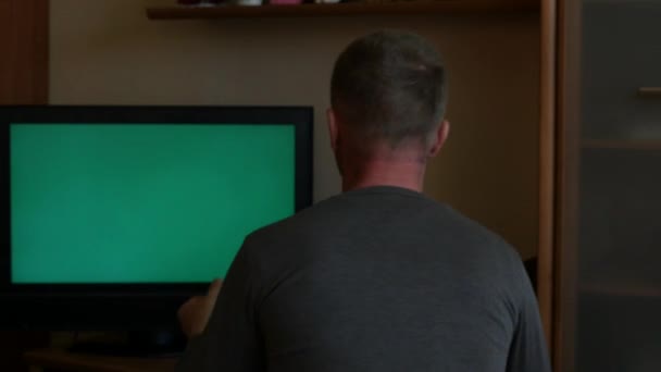 Emocionado deporte ventilador vista trasera ver tv set 2 - pantalla verde — Vídeos de Stock