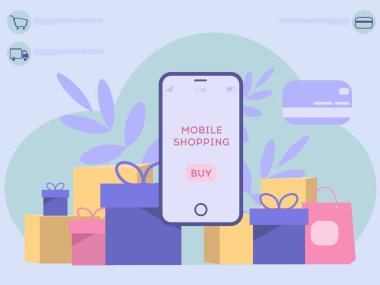 Mobil alışverişle ilgili afiş. mobil alışveriş, indirimler. çevrimiçi alışveriş vektörü pankartı