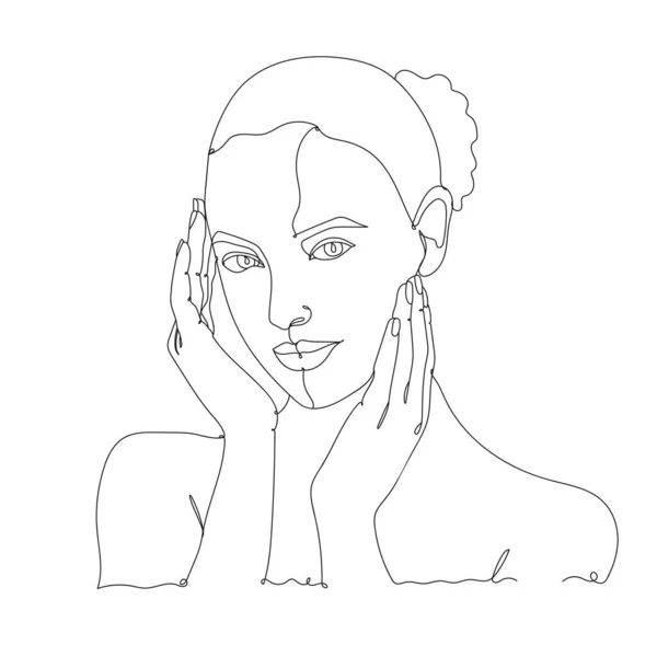 Piel Bella Hermoso Retrato Cara Mujer Dibujo Una Línea Dibujo — Vector de stock