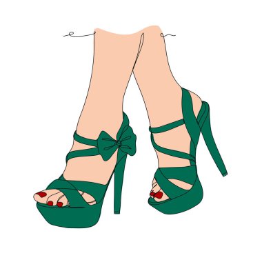 Yeşil ayakkabılar, yüksek topuklar. Bir çizgi. Vektör illüstrasyonu sürekli çizgi çizimi