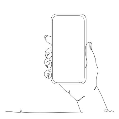 Telefonu tutan el, tek çizgi çiziyor. Vektör illüstrasyonu sürekli çizgi çizimi.