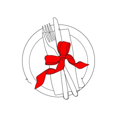 Tatil yemeği için masa hazırlamak - bir çizgi çizmek. Vektör illüstrasyonu sürekli çizim. Kırmızı kurdeleli Noel sofrası.