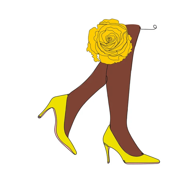 黄色的鞋子腿高与花 一条线画 矢量图解连续线绘图 — 图库矢量图片