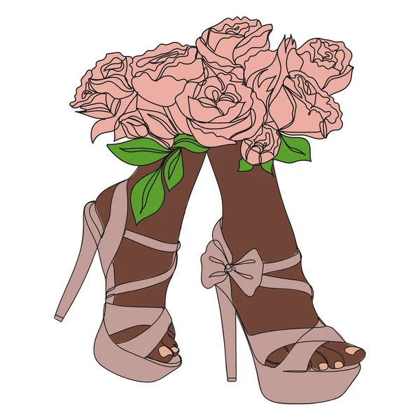 Sapatos Bege Salto Alto Com Flores Desenho Uma Linha Desenho — Vetor de Stock