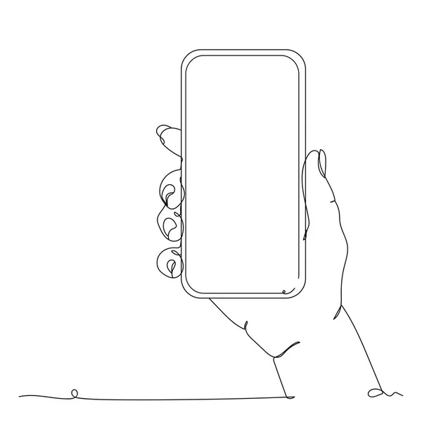 Telefonu tutan el, tek çizgi çiziyor. Vektör illüstrasyonu sürekli çizgi çizimi.