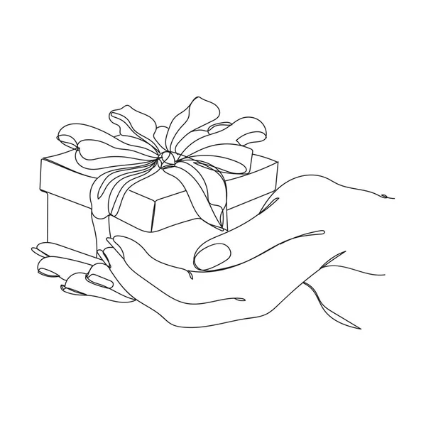 Hand Mit Geschenkbox Weihnachten Oder Geburtstag Eine Linienzeichnung Vektor Illustration — Stockvektor