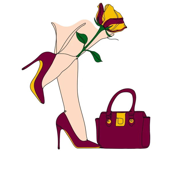 Las Piernas Altas Con Zapatos Con Bolso Señora Rosa Flor — Vector de stock