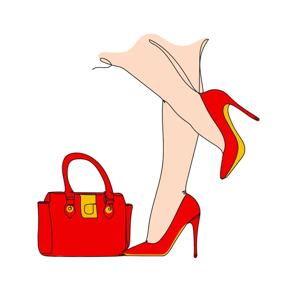 Las Piernas Altas Con Zapatos Rojos Con Bolsa Señora Roja — Vector de stock