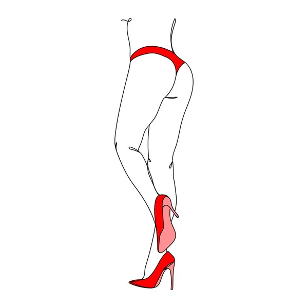 Довгі Ноги Високі Червоні Підбори Один Малюнок Лінії Векторні Ілюстрації — стоковий вектор