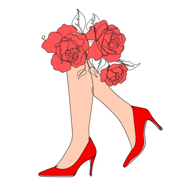 Rote Schuhe Beine Hoch Mit Blumen Eine Strichzeichnung Vektor Illustration — Stockvektor