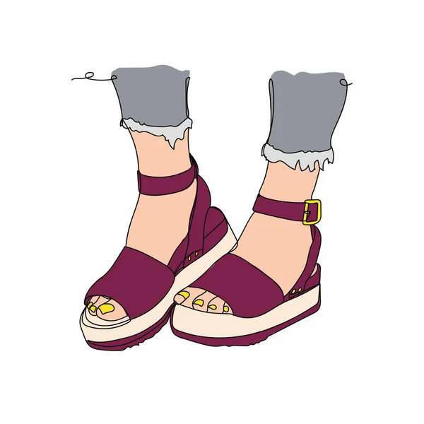 Cuneo Scarpe Viola Donne Disegno Linea Illustrazione Vettoriale Disegno Linea — Vettoriale Stock