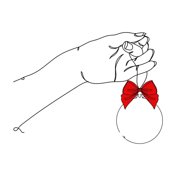 Schöne Hand Mit Weihnachtsspielzeug Rote Schleife Eine Linienzeichnung Vektor Illustration — Stockvektor