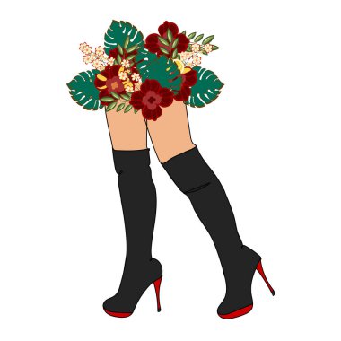 Siyah çizmeli ince kadın bacakları. Kış stili. Baskı, yüzey tasarımı, moda kıyafeti. Albüm, albüm, kart ve davetiye tasarımı için.