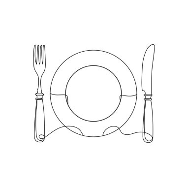 Vector vintage çatal bıçak takımı. Bir çizgi. Vektör illüstrasyonu sürekli çizgi çizimi. Noel stili