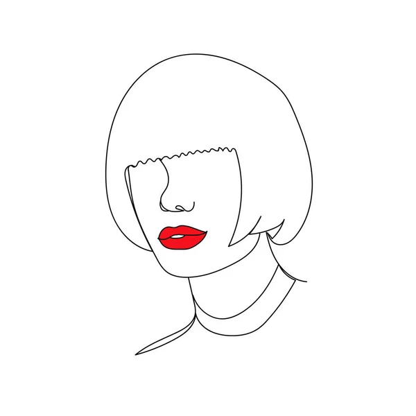 Hermosa Cara Abstracta Mujer Con Labios Rojos Dibujo Línea Dibujo — Vector de stock