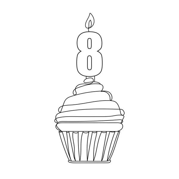 Cupcake Anniversaire Fête Numéro Huit Dessin Ligne Illustration Vectorielle Dessin — Image vectorielle