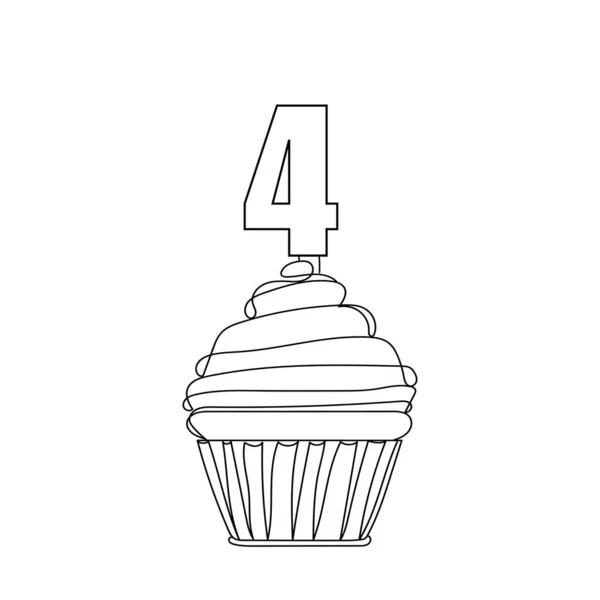 Cupcake Anniversaire Fête Numéro Quatre Dessin Ligne Illustration Vectorielle Dessin — Image vectorielle
