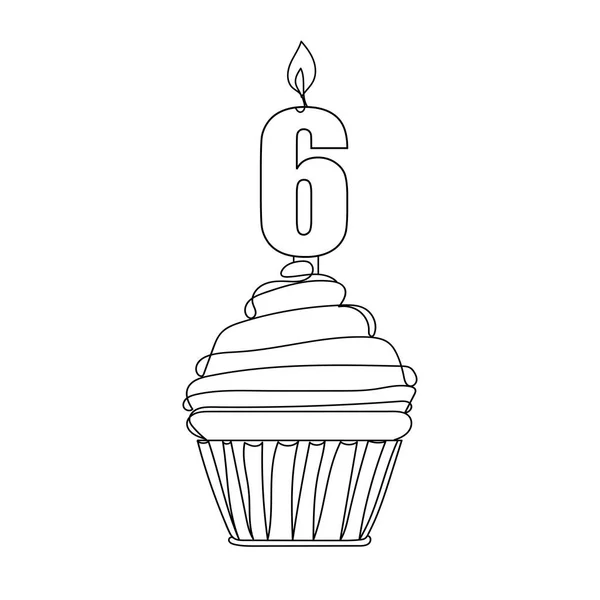 Cupcake Numero Sei Compleanno Feste Disegno Linee Illustrazione Vettoriale Disegno — Vettoriale Stock