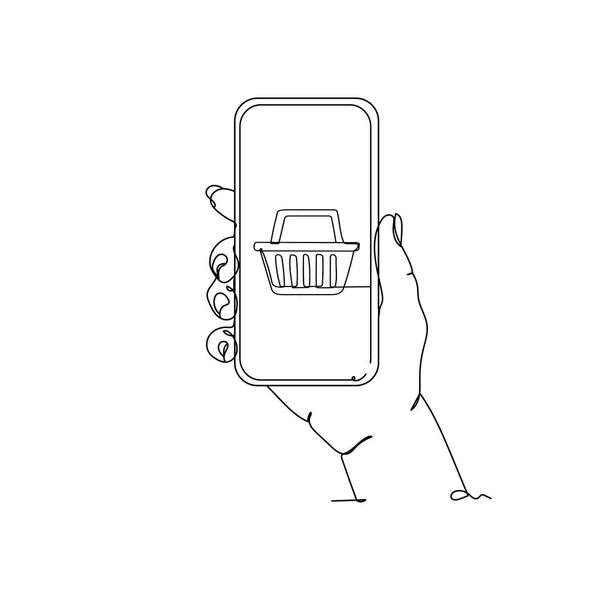 Sürekli bir çizgi çiziyor. Alışveriş sepetli telefon. Tebrik kartları, posterler, çıkartmalar için mükemmel. Vektör illüstrasyon alışveriş kavramı.