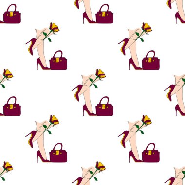 Beyaz arka planda desen var. Güzel ayakkabılar ve güllerle dolu mor bir çanta çizmeye devam et. Tebrik kartları, parti davetiyeleri, posterler, çıkartmalar, giysiler için mükemmel.