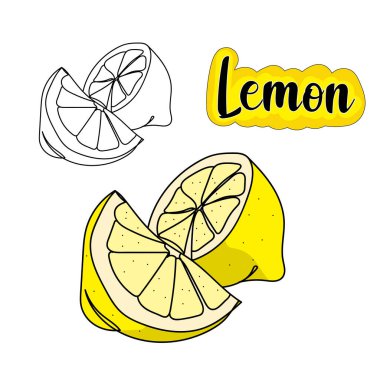 Limon çizmeye devam et. Yemek konsepti. Kutlama kartları, parti davetiyeleri, posterler, çıkartmalar, giysiler için mükemmel bir illüstrasyon. Limonlu meyve yemeği taslağı