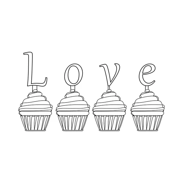 愛のカップケーキを描く連続1行 グリーティングカード パーティー招待状 ポスター ステッカー 衣類に最適です 愛のスケッチ 誕生日またはバレンタインデーのコンセプト — ストックベクタ