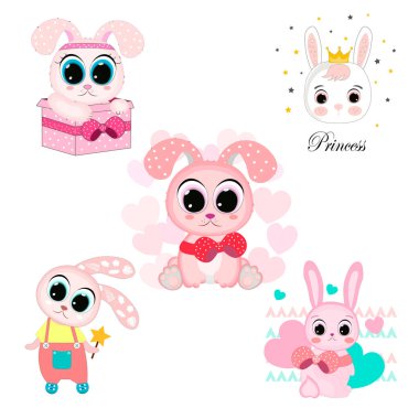 Çizgi film şirin set tavşanı ya da tavşan yavrusu. Mektup. Vektör çizimleri. Tebrik kartları, parti davetiyeleri, posterler, çıkartmalar, broşürler, kupürler, simgeler için mükemmel..