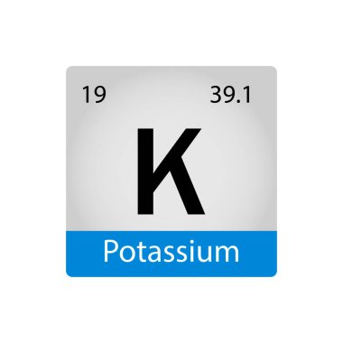 19 kimyasal element. Potasyum elementi periyodik tablo. Kimya konsepti. Vektör illüstrasyonu kartlar, posterler, çıkartmalar için mükemmeldir.