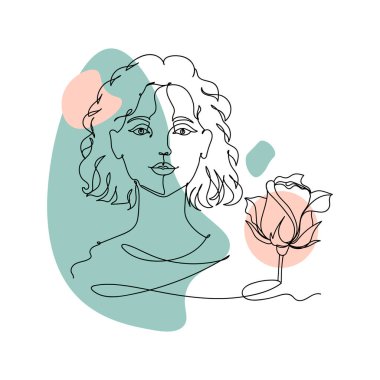 Çiçeklerle güzel bir kadın çiziyor. Kutlama kartları, parti davetiyeleri, posterler, çıkartmalar, giysiler için mükemmel bir illüstrasyon. Bir kadının silüeti. Soyut kavram.