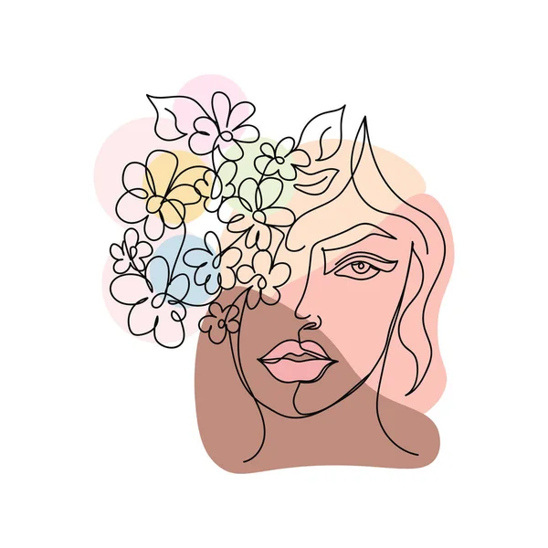 Kontinuerlig Linje Rita Vacker Flicka Ansikte Makeup Med Abstrakta Blommor — Stock vektor