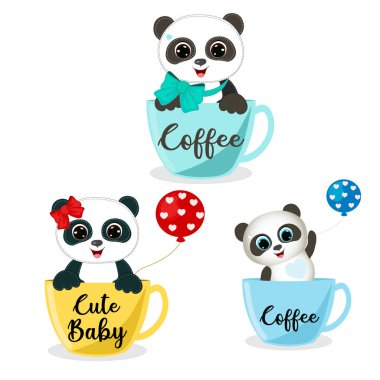 Şirin bir karikatür, kabın içindeki hayvanlar. Tebrik kartları, parti davetiyeleri, posterler, çıkartmalar, broşürler, kupürler, ikonlar için mükemmel. Doğum günü konsepti. Çizgi film pandaları..