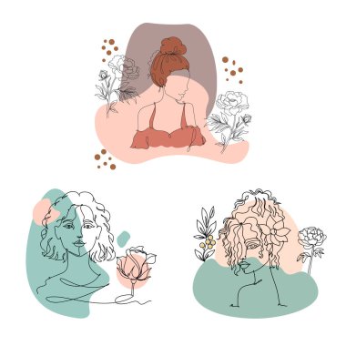 Bir kadının silüeti. Moda konsepti. Çiçekli güzel kadınların durmaksızın çizdiği bir çizgi. Kutlama kartları, parti davetiyeleri, posterler, çıkartmalar, giysiler için vektör illüstrasyonu mükemmel.