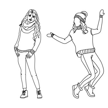 Uzun boylu kadınlardan oluşan bir çizginin sürekli çizimi. Soyut vektör illüstrasyonu tebrik kartları, parti davetiyeleri, posterler, çıkartmalar, giysiler için mükemmel..