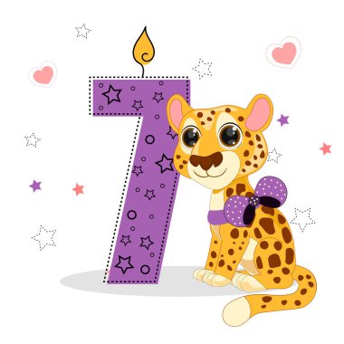 Yedi numaralı mor ve sevimli bir çizgi film çitası. Tebrik kartları, parti davetiyeleri, posterler, çıkartmalar, broşürler, kupürler, ikonlar için mükemmel. Doğum günü kavramı.