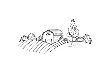 Soyut çiftlik afişi. Çiftlik çizimi. Kutlama kartları, parti davetiyeleri, posterler, çıkartmalar, giysiler için vektör illüstrasyonu mükemmel.