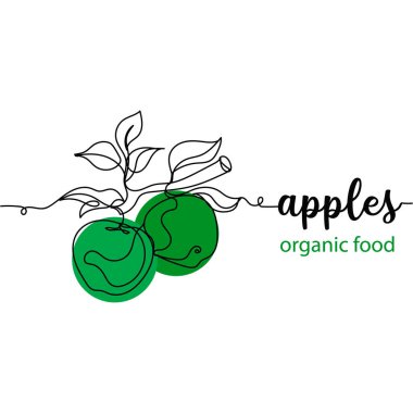 Aralıksız bir çizgi halinde elma dalı çiziyor. Asgari düzeyde. Kartlar, parti davetiyeleri, posterler, çıkartmalar, giysiler için mükemmel. Meyve konsepti. Organik yiyecekler.