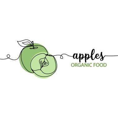 Devamlı yeşil elma çizimi. Asgari düzeyde. Kartlar, parti davetiyeleri, posterler, çıkartmalar, giysiler için mükemmel. Organik gıda konsepti