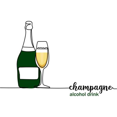 Silüette bir sıra şampanya devam ediyor. Asgari düzeyde. Kartlar, parti davetiyeleri, posterler, çıkartmalar, giysiler için mükemmel. Siyah soyut simge. Alkol içeceği konsepti.