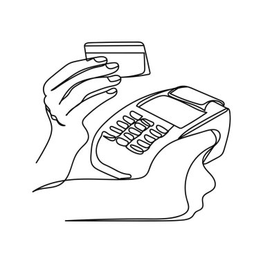 Sürekli bir kredi kartı hattı ve siluet halinde ödeme. Asgari düzeyde. Kartlar, parti davetiyeleri, posterler, çıkartmalar, giysiler için mükemmel. Siyah soyut simge. Restoran ya da kafe kavramı