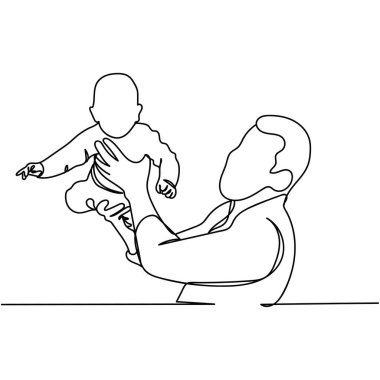 Sürekli bir aile soyu, baba ve küçük bebek siluette. Asgari düzeyde. Kartlar, parti davetiyeleri, posterler, çıkartmalar, giysiler için mükemmel. Siyah soyut simge. Babalar Günü konsepti..