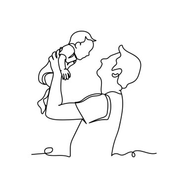 Sürekli bir baba ve bebek silueti çizgisi. Asgari düzeyde. Kartlar, parti davetiyeleri, posterler, çıkartmalar, giysiler için mükemmel. Babalar günün kutlu olsun.