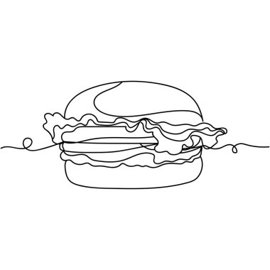 Hamburgerin bir satırı siluette durmaksızın devam ediyor. Asgari düzeyde. Kartlar, parti davetiyeleri, posterler, çıkartmalar, giysiler için mükemmel. Siyah soyut simge.